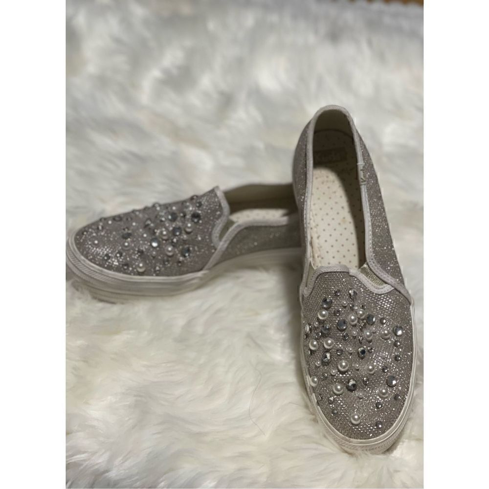 Kate spade Keds sneakers wedding Bridal silver beads pearl sparkly slip on 8